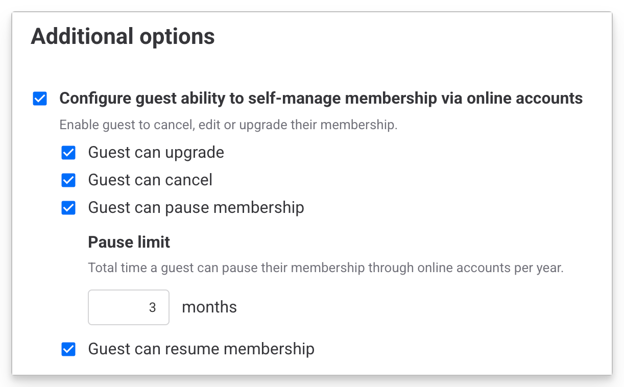 Options for guest membership management, including upgrade, cancel, and pause features.